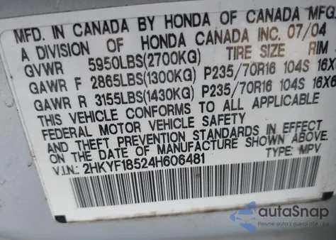 2004 Honda Pilot Ex-L from USA, damaged, VIN 2HKYF18524H606481